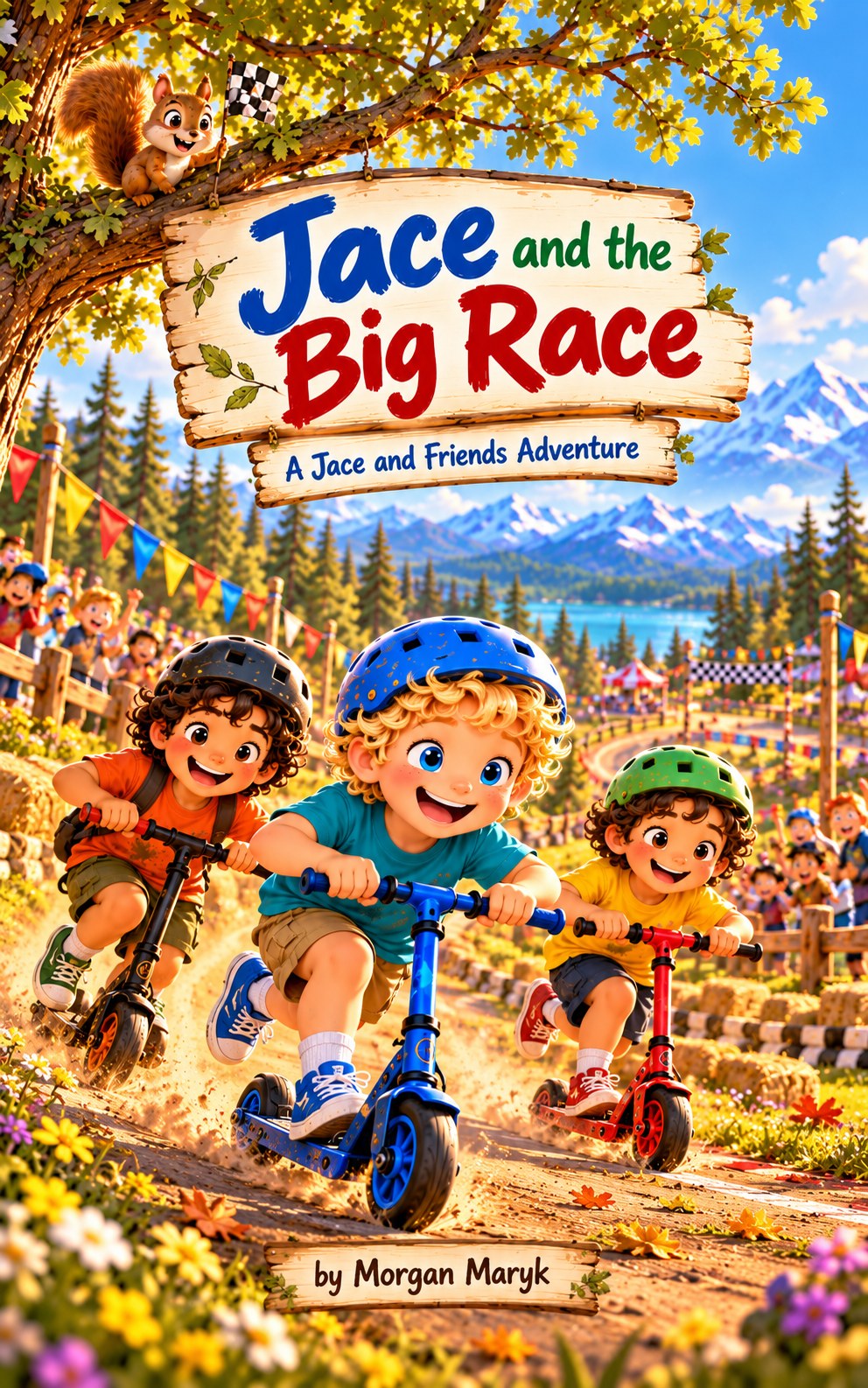 Front cover of Jace and the Big Race: Jace, Max and Theo race their scooters while Maya waves a chequered flag from the oak tree.