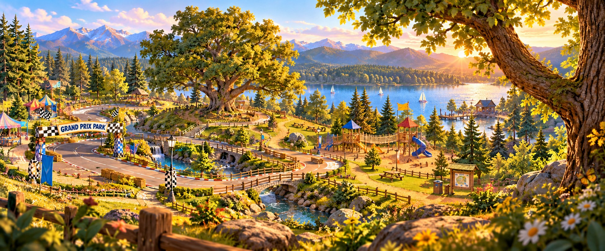 Grand Prix Park at sunset: winding paths, tall trees, a playground and a lake below the mountains.